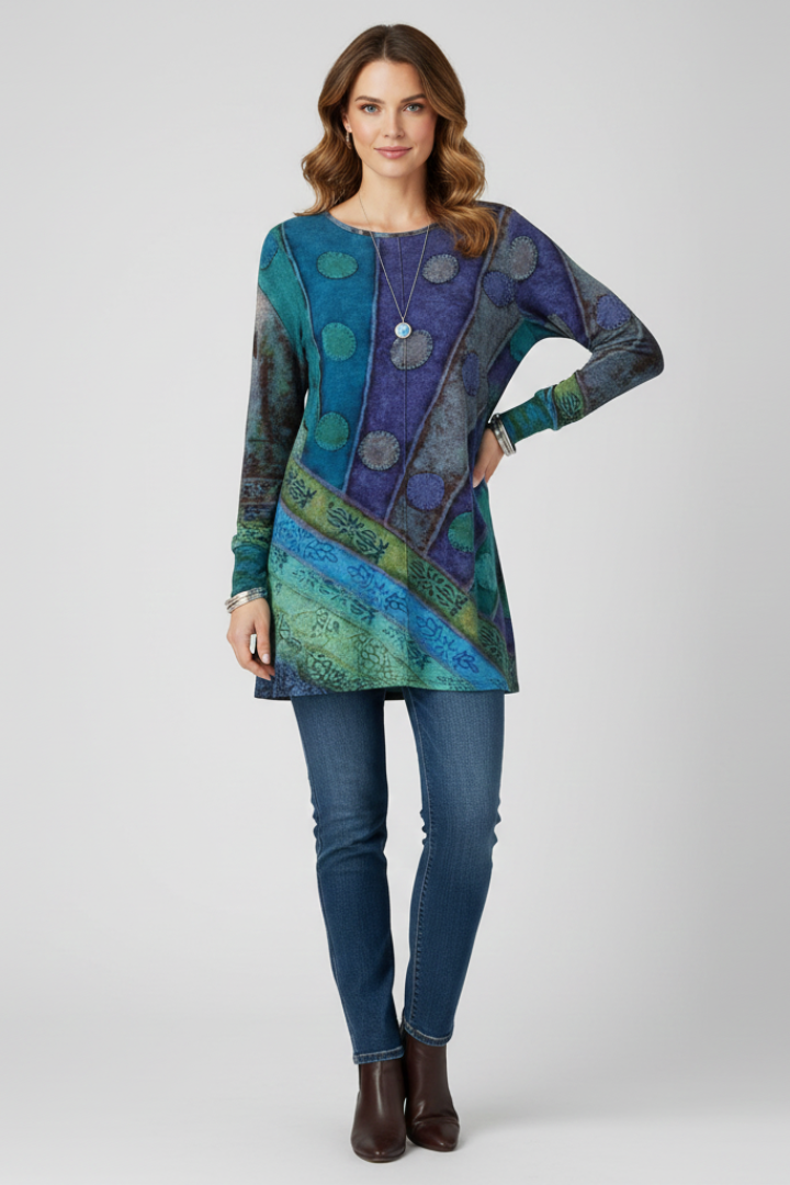 Vibrant blue & green patchwork tunic for women. Relaxed fit, long sleeve with ribbed cuffs. Perfect casual wear.
