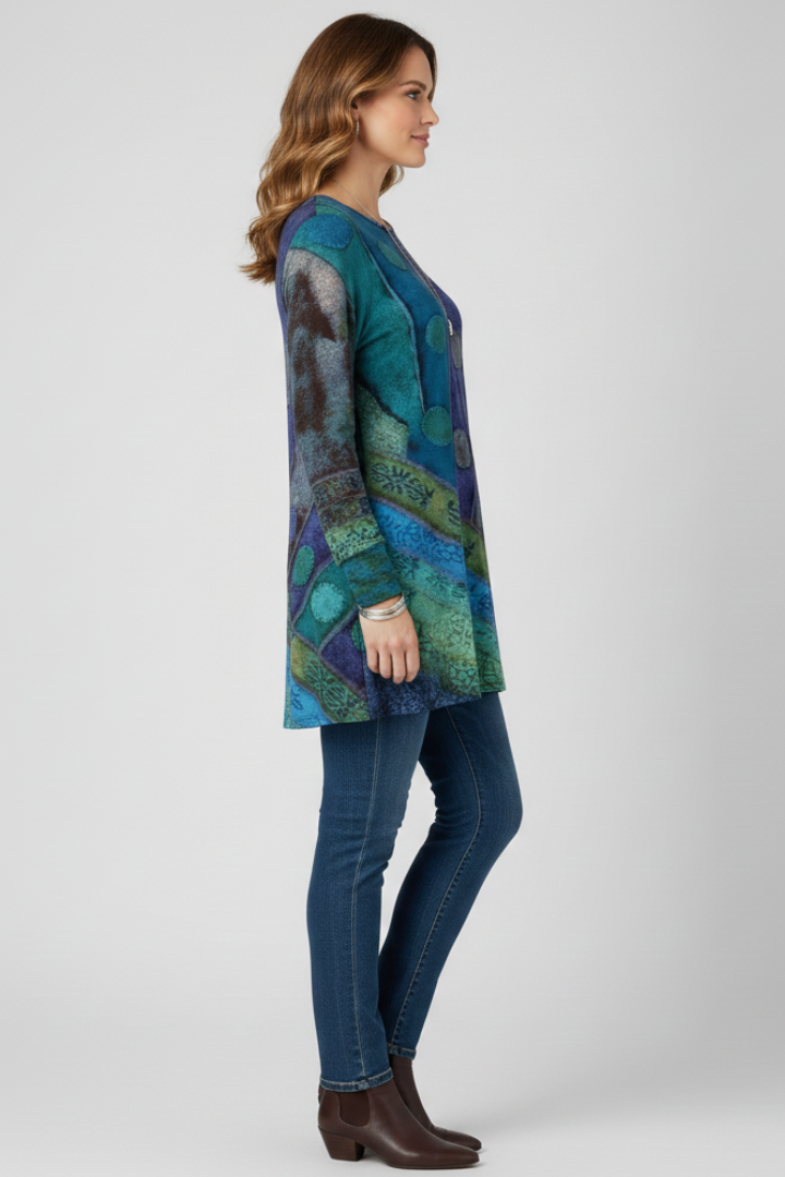 Women's round neck patchwork tunic top, featuring a unique vibrant pattern, long sleeves & comfortable relaxed fit.