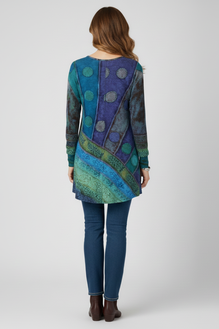 Red & blue patchwork tunic top for women, long sleeve with ribbed cuffs. Casual, comfortable, and vibrant style.