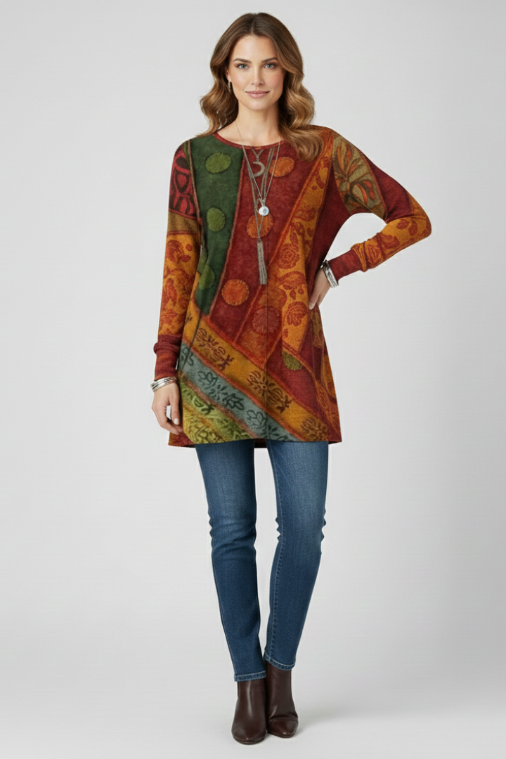 Unique vibrant patchwork tunic for women, a comfortable relaxed fit long sleeve top with stylish ribbed cuffs.