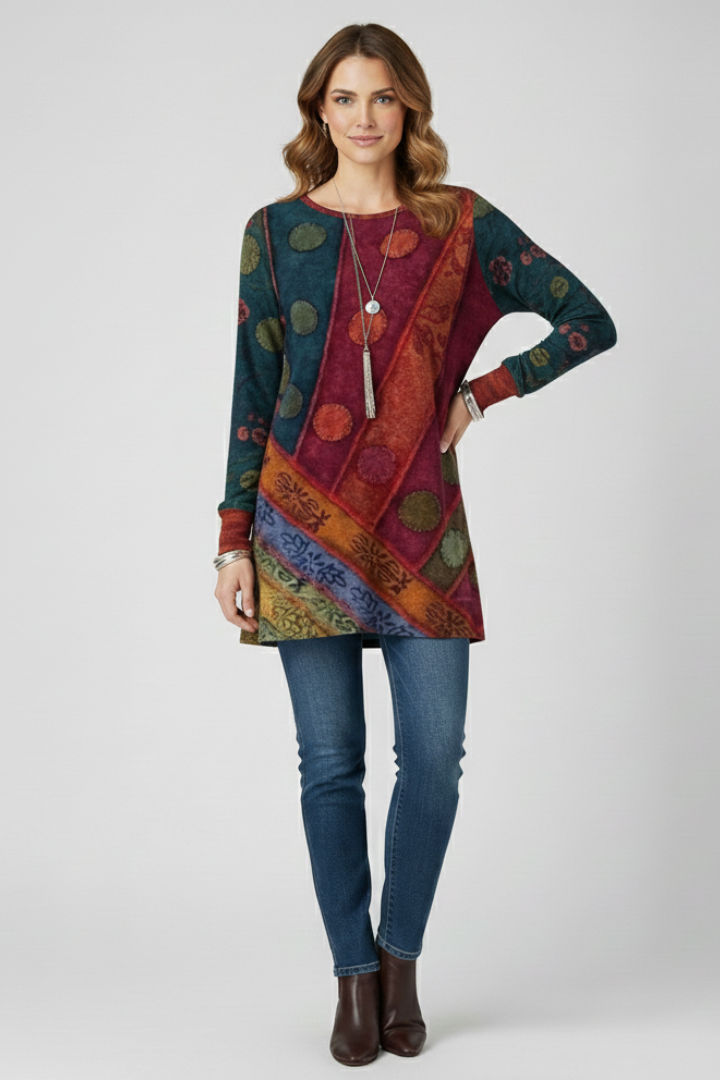 Women's casual patchwork tunic top with vibrant pattern, long sleeves, round neck & ribbed cuffs. Relaxed & stylish.