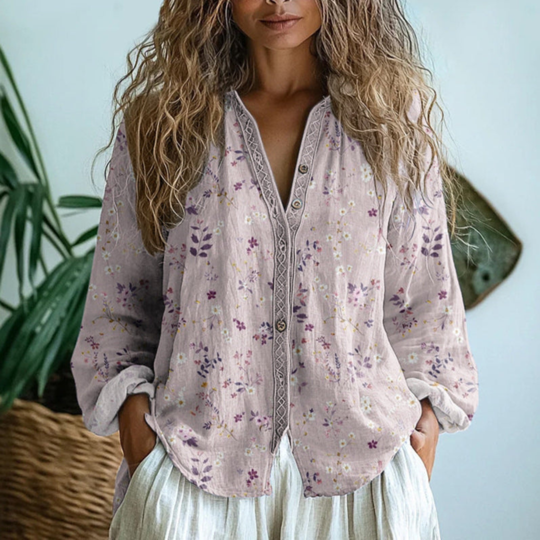 Comfortable women's pink long sleeve button-down collared shirt. Perfect versatile top for spring & fall fashion.