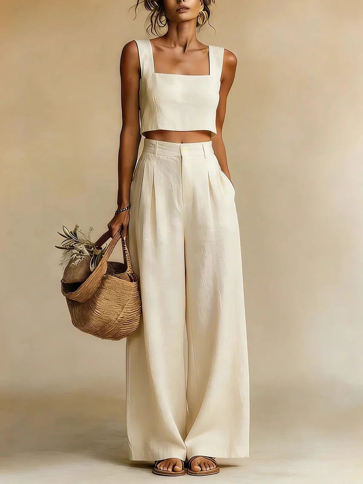 Elegant casual women's palazzo co-ord set, featuring a relaxed top & wide-leg pants. Great for summer vacations.