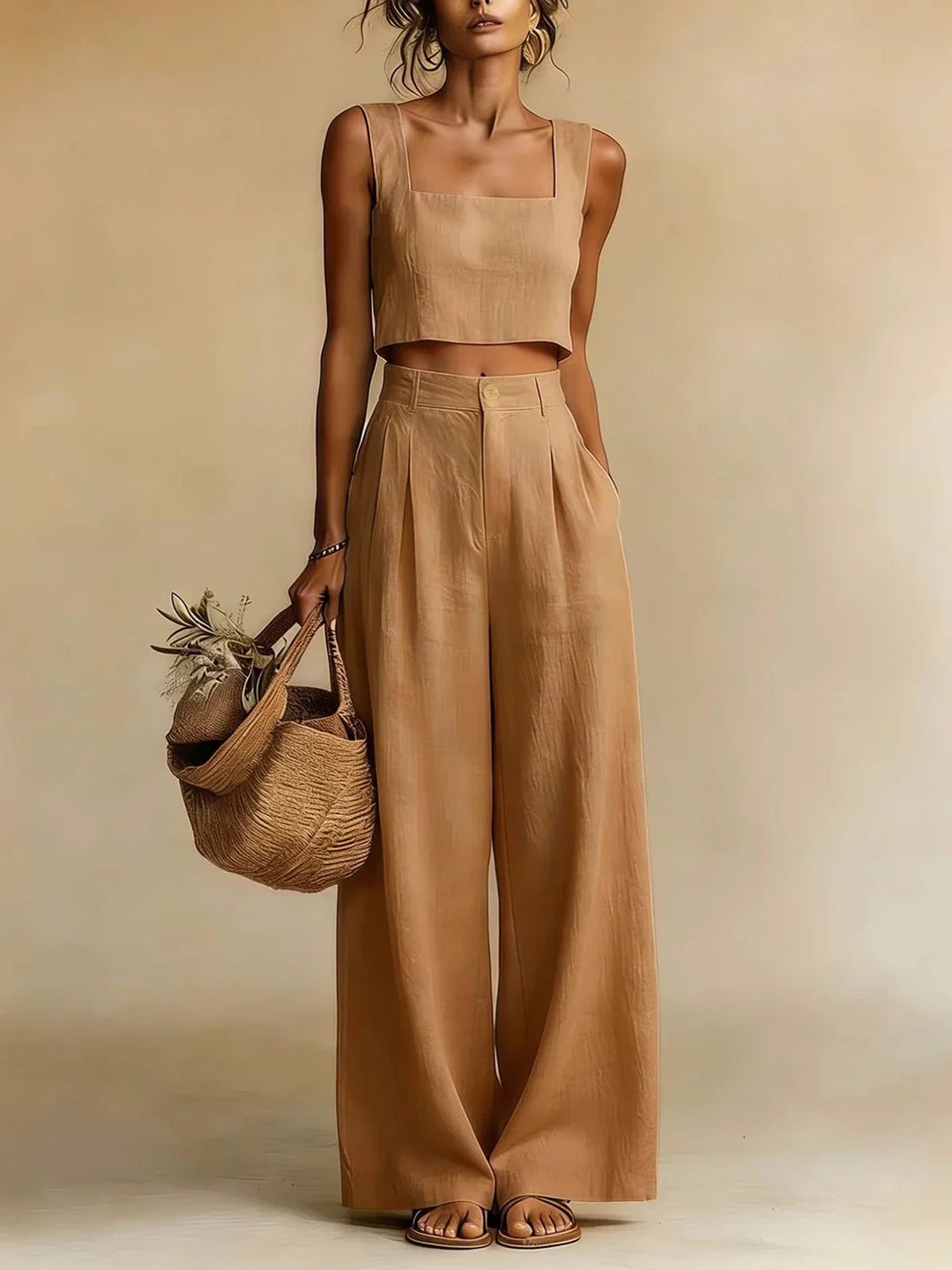 Soft, flowing women's palazzo set: a relaxed top paired with stylish wide-leg pants for ultimate comfort.