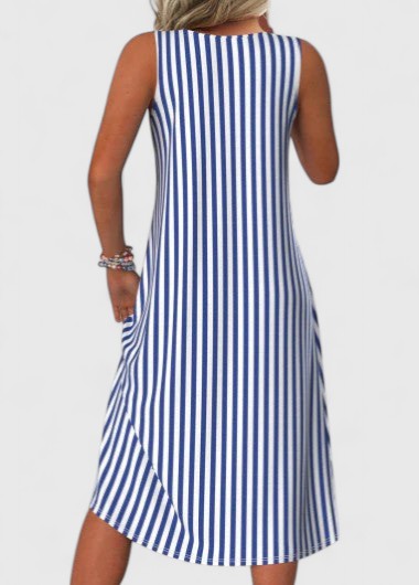 Effortless women's striped sleeveless midi dress with round neck and pockets, great for vacation or summer outings.