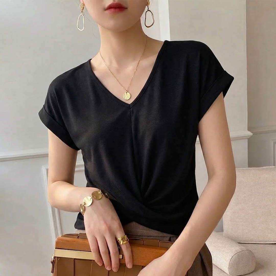 Women's short sleeve twist front V-neck top. Comfortable, stylish casual wear perfect for spring, summer & everyday.