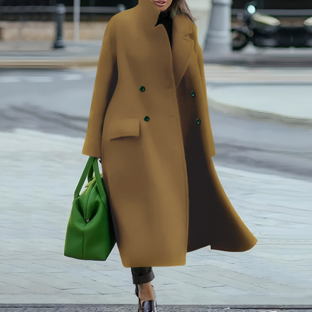 Women's long waterproof rain coat, elegant outerwear with front buttons for fall & winter.