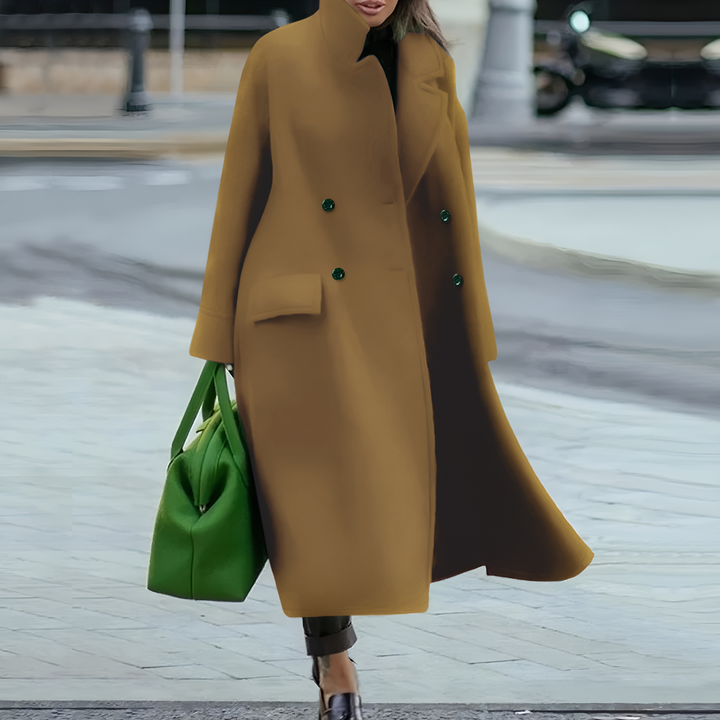 Women's long waterproof rain coat, elegant outerwear with front buttons for fall & winter.