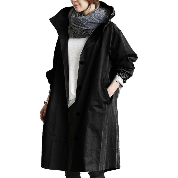 Women's long waterproof raincoat, perfect casual outerwear for all-weather outdoor protection.