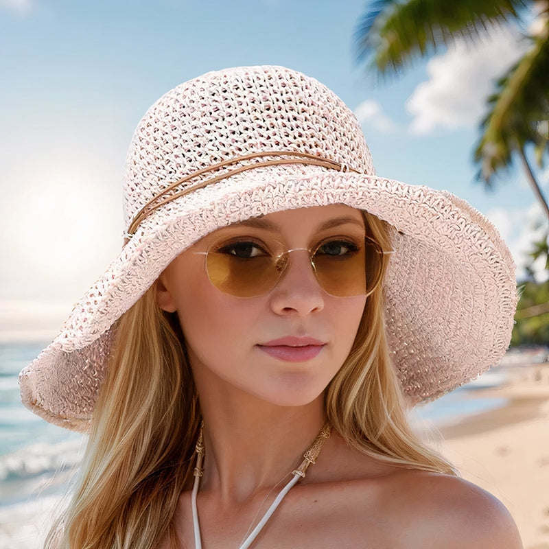 Lightweight women's wide brim woven straw hat for ultimate summer comfort & UV sun protection.