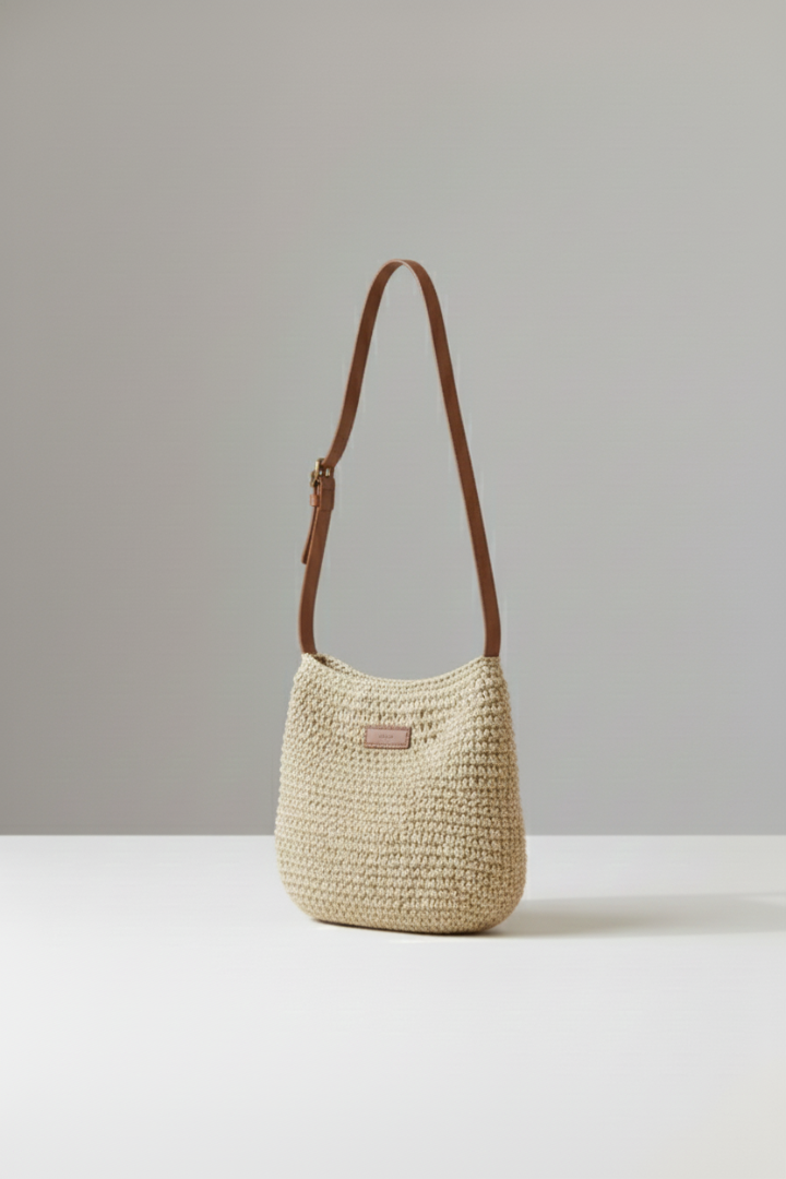 Beige ladies woven shoulder bag with unique texture & versatile adjustable strap. A chic fashion accessory.