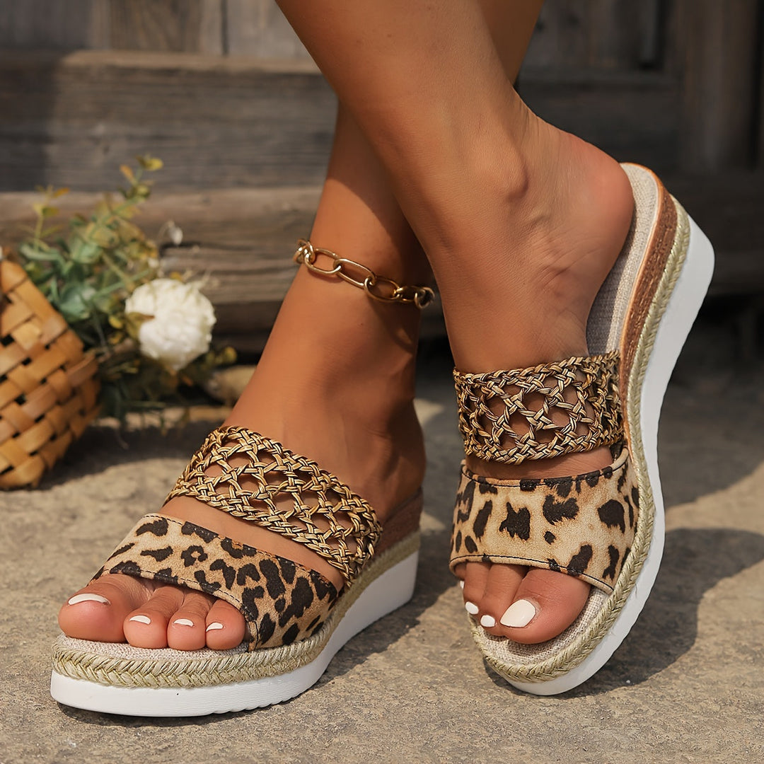 Textured woven design on women's platform wedge sandals, ideal for warm weather fashion.