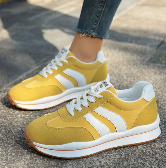 Stylish yellow unisex orthopedic sneakers with arch support for supreme comfort & lightweight everyday walking.