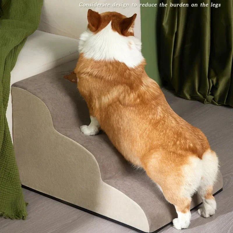 Comfortable pet steps with soft, washable cover for small dogs, aiding furniture access.