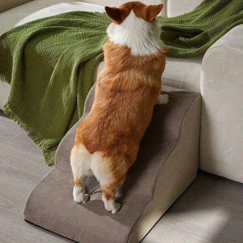 Pet stairs for injury prevention, offering senior dogs safe, non-slip access to high furniture.