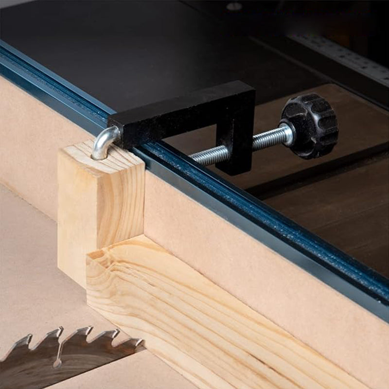 Compact T-Track Clamp, essential woodworking tool for precise hold down on any workshop setup.