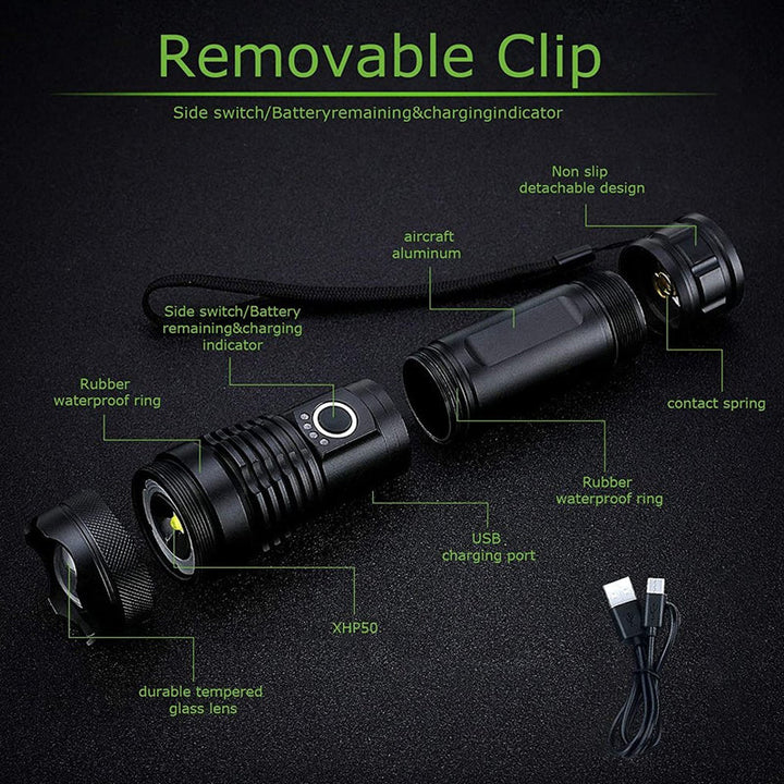 Bright rechargeable tactical flashlight with high lumen output for outdoor adventures