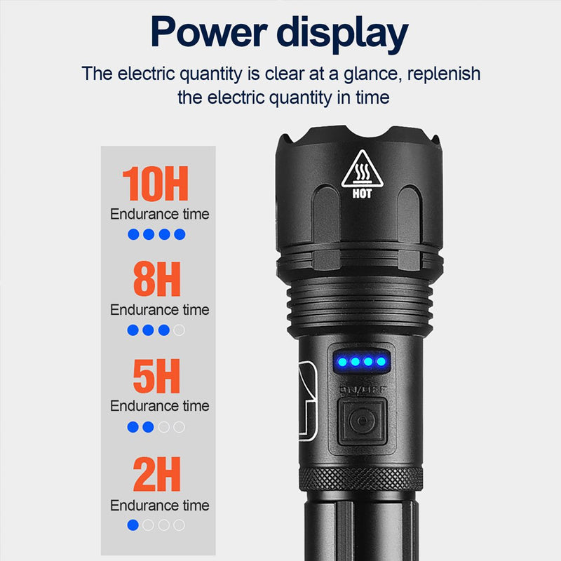 Robust tactical LED flashlight, waterproof and rechargeable for demanding outdoor activities