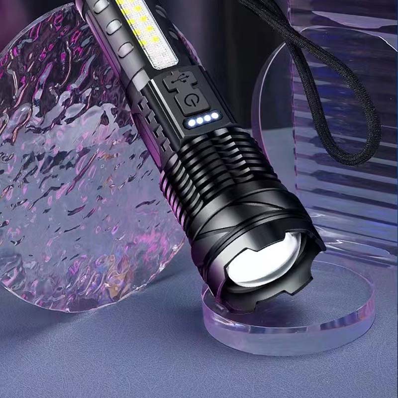 Overhead shot of a tactical LED flashlight, white laser, rechargeable for extended use