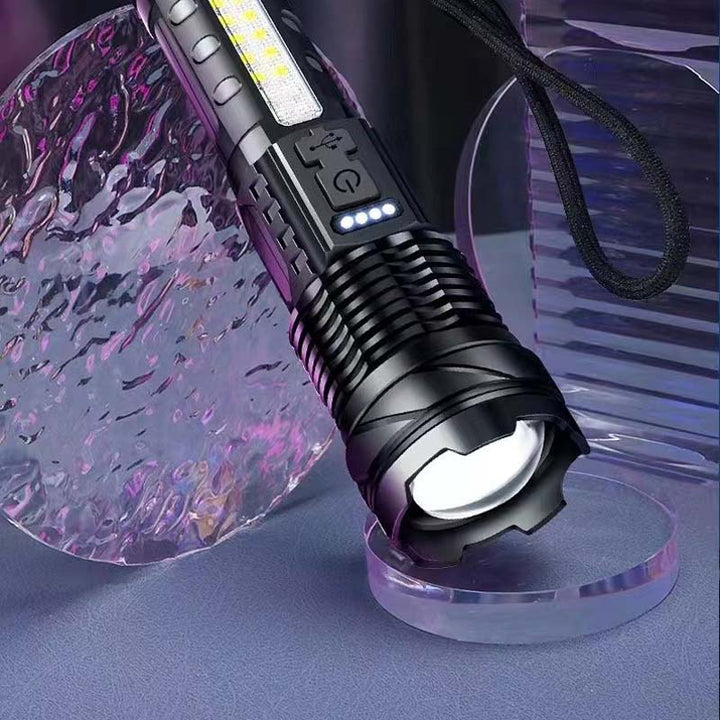 Overhead shot of a tactical LED flashlight, white laser, rechargeable for extended use