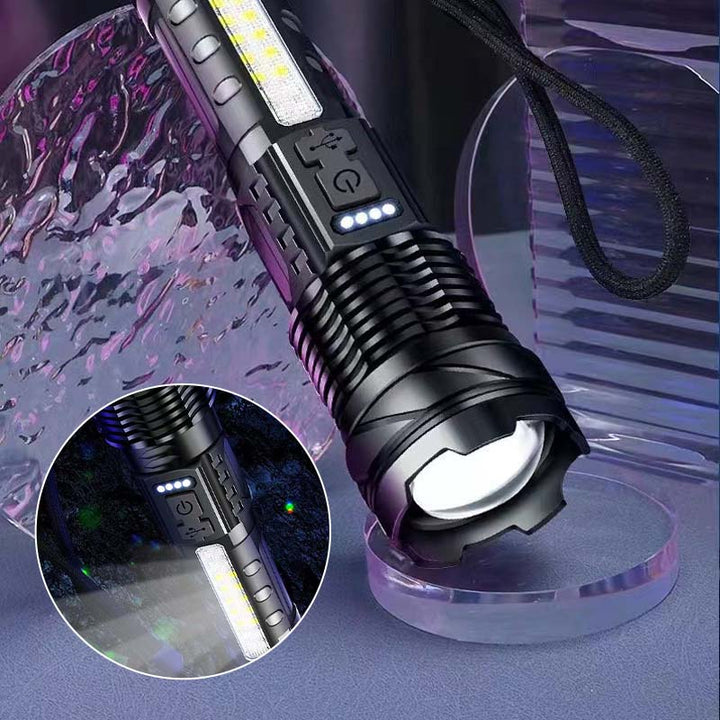 Waterproof tactical flashlight, white laser beam visible, perfect for camping in any weather