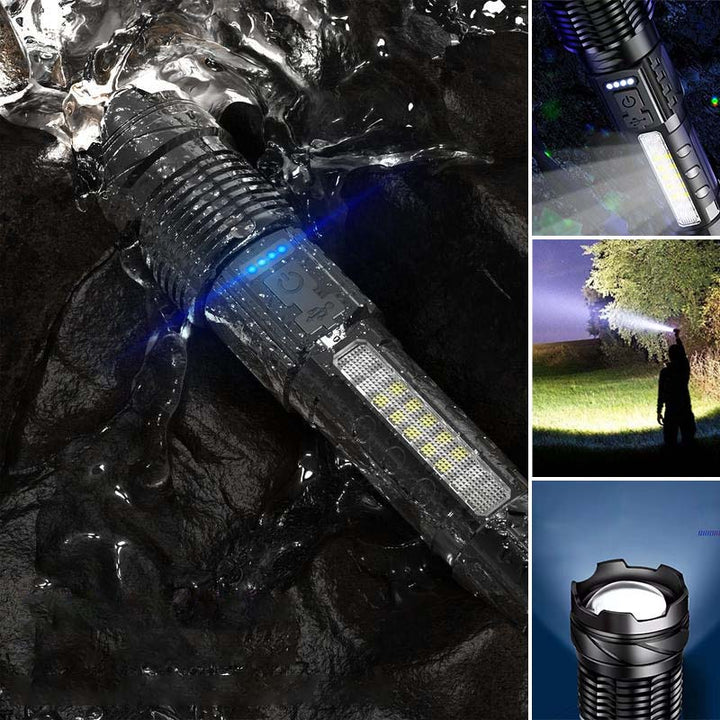 Ultra-bright tactical flashlight with rechargeable battery, white laser for precision illumination