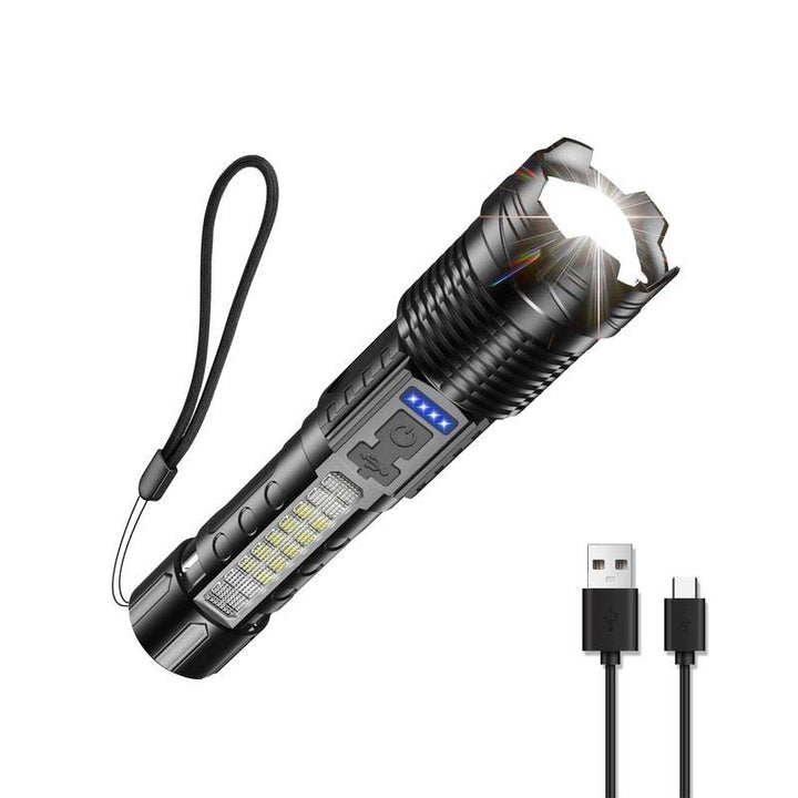 Close-up of the LED emitter on a tactical white laser flashlight, high performance outdoor gear