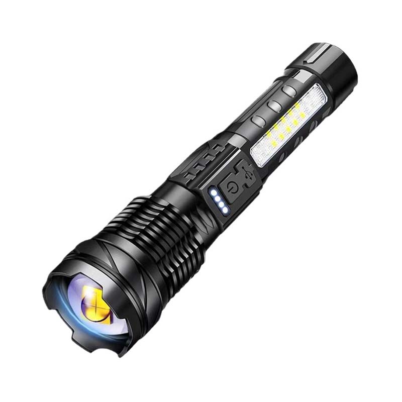 Tactical flashlight in hand, demonstrating its portable and user-friendly design for camping