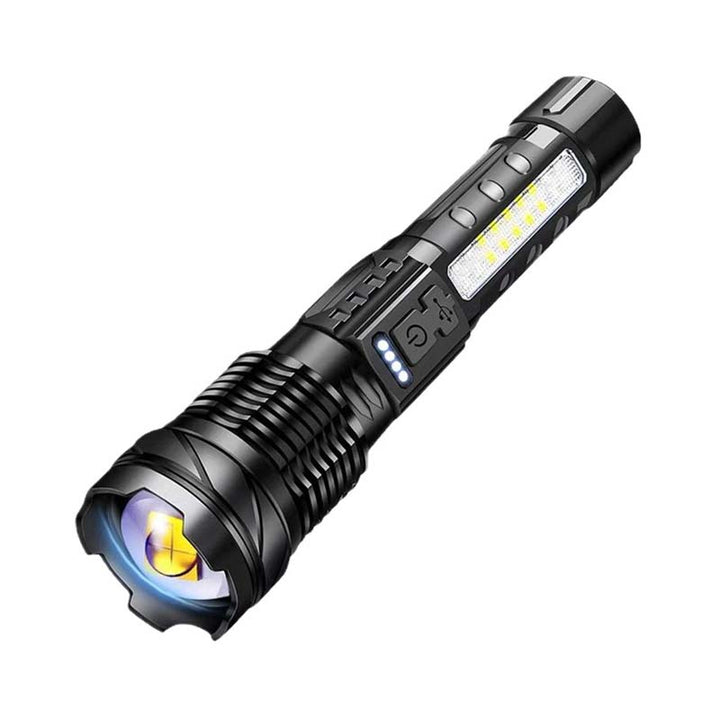 Tactical flashlight in hand, demonstrating its portable and user-friendly design for camping