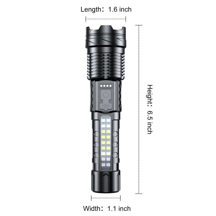 Rechargeable tactical flashlight, featuring a powerful white laser and waterproof casing