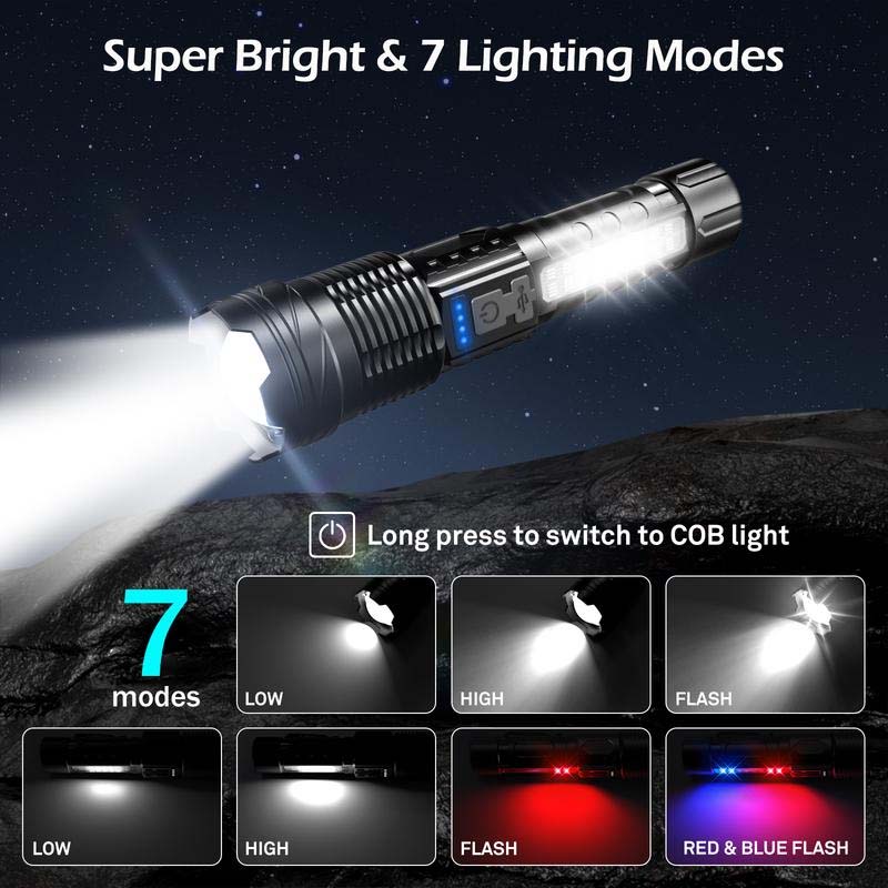 Close-up of ultra-bright LED tactical flashlight, rechargeable and waterproof design