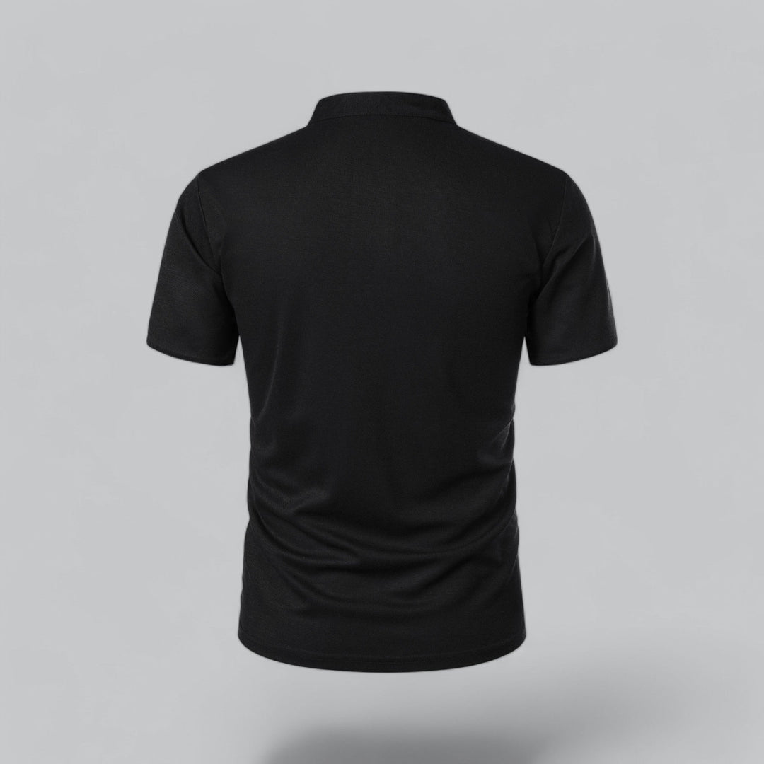 Tailored men's collarless polo shirt, short sleeve, essential for modern spring & summer fashion.