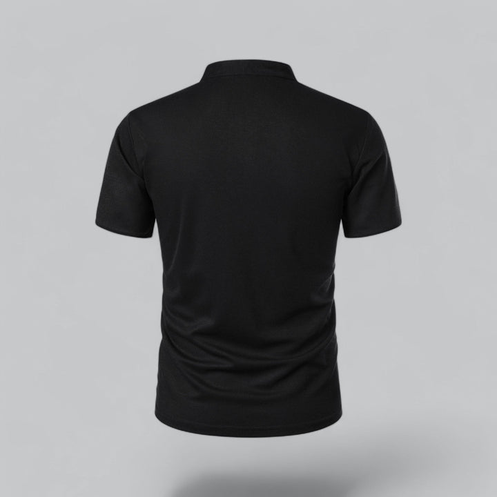 Tailored men's collarless polo shirt, short sleeve, essential for modern spring & summer fashion.