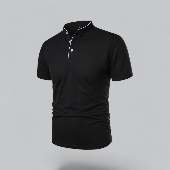 Versatile men's collarless short sleeve polo, ideal for smart casual & everyday business attire.