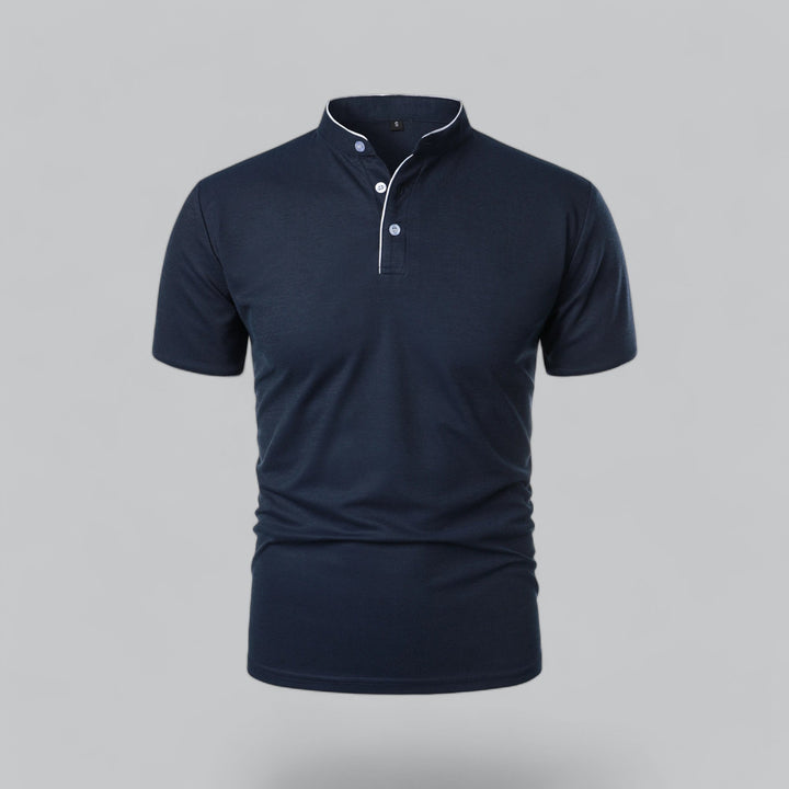Modern collarless polo shirt for men, short sleeve, tailored fit, perfect for summer fashion.