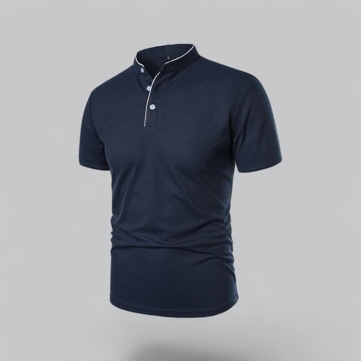 Men's collarless polo, short sleeve, tailored fit, great for versatile spring & summer fashion.