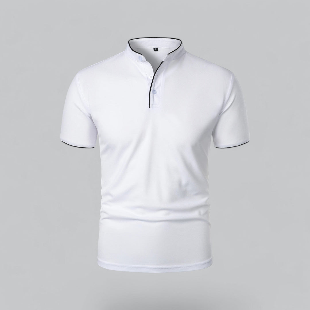 Everyday men's smart casual collarless polo shirt, short sleeve, modern and comfortable.