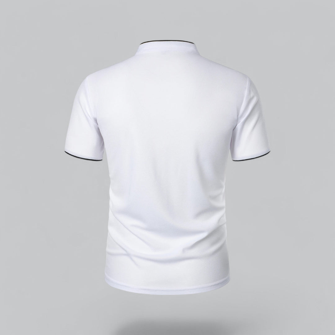 Business casual short sleeve men's collarless polo, tailored fit, versatile for any day.