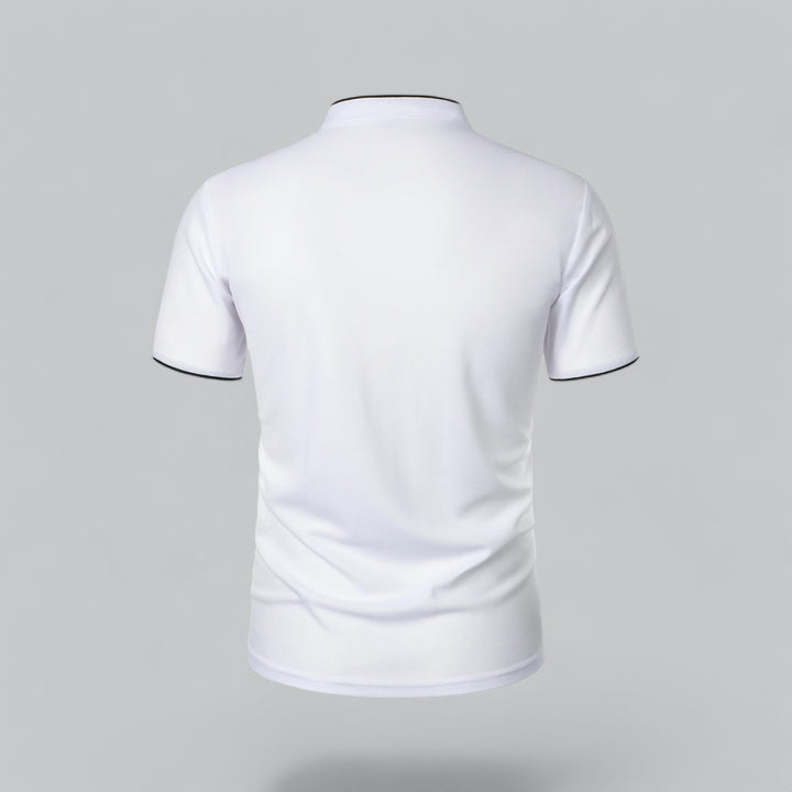 Business casual short sleeve men's collarless polo, tailored fit, versatile for any day.