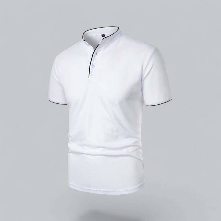 Collarless men's polo shirt, short sleeve, versatile smart casual style for all seasons.