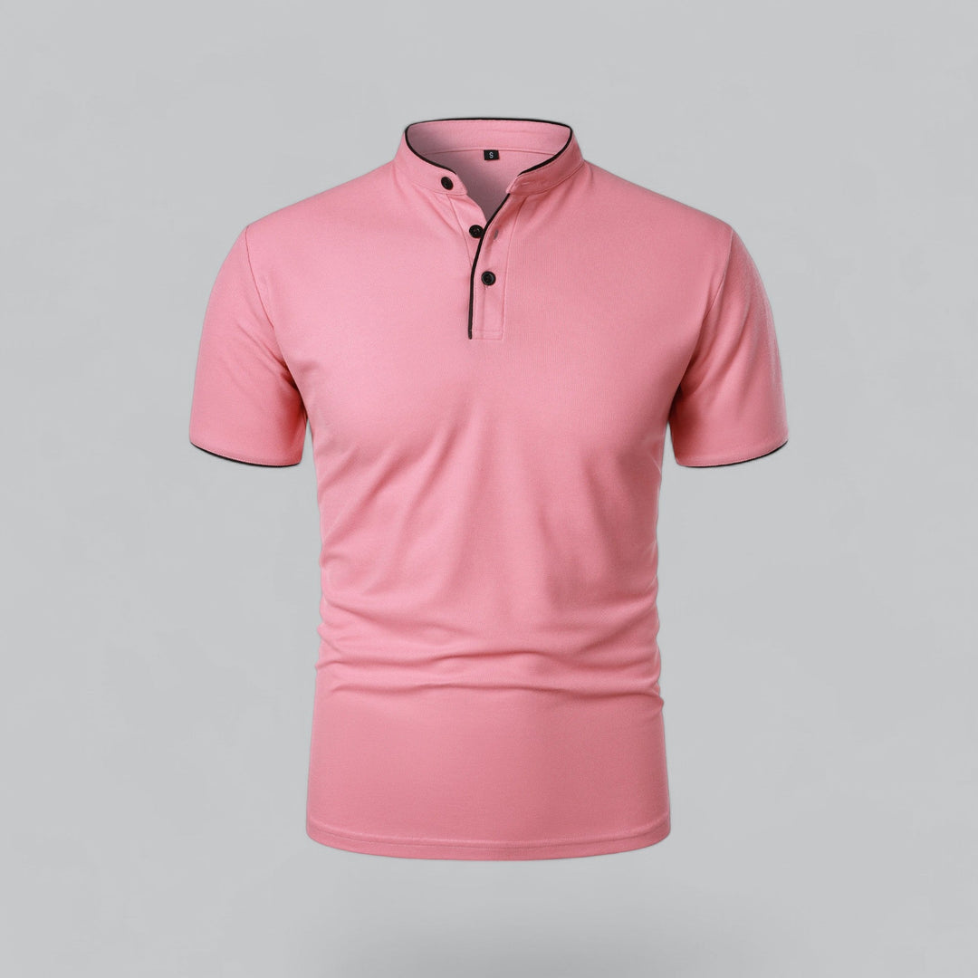 Modern tailored fit men's collarless polo, short sleeve, perfect for spring everyday wear.