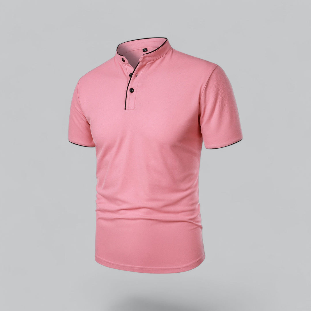 Versatile men's collarless polo, short sleeve, tailored fit for modern summer & spring fashion.