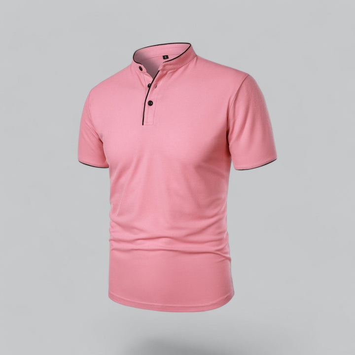 Versatile men's collarless polo, short sleeve, tailored fit for modern summer & spring fashion.