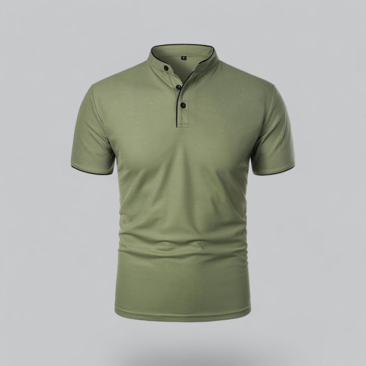 Men's short sleeve collarless polo shirt, smart casual, tailored fit, great for autumn.