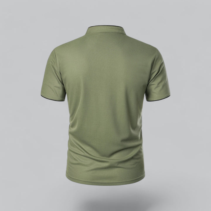 Collarless polo for men, short sleeve, timeless and modern, suitable for everyday business casual.