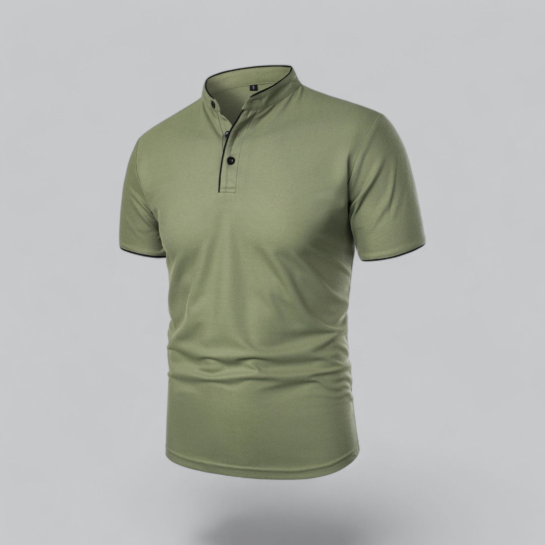 Tailored men's collarless short sleeve polo, versatile for smart casual and summer fashion.