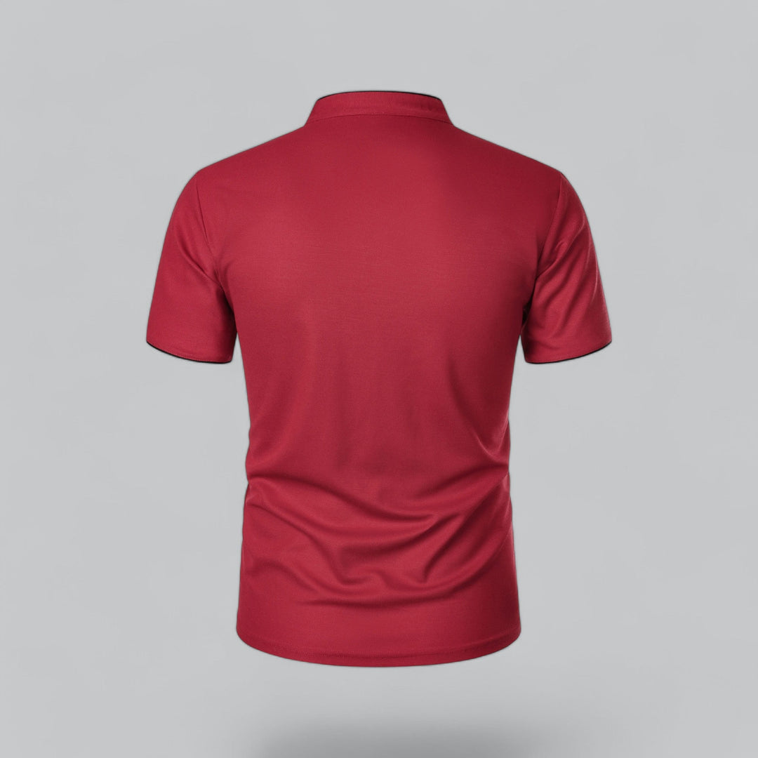 Smart casual men's collarless short sleeve polo, timeless design, ideal for versatile styling.