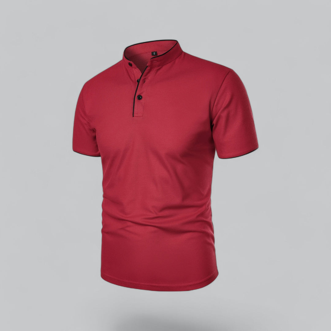 Business casual men's collarless polo, short sleeve, tailored fit, modern & comfortable.
