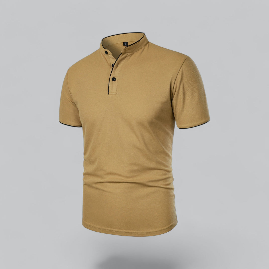Versatile men's collarless polo shirt, short sleeve, ideal for business casual spring wear.