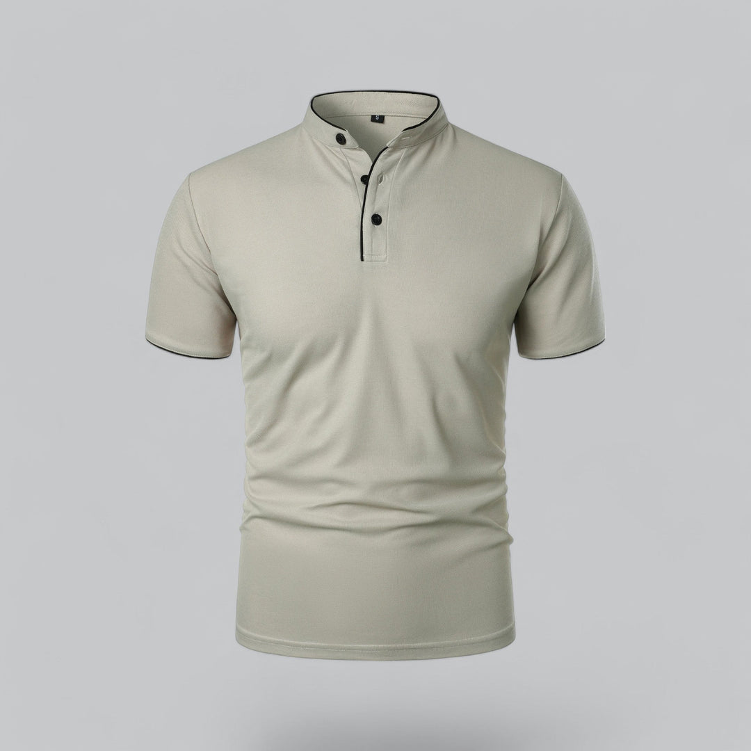 Modern collarless polo for men, tailored fit, short sleeve, great for smart casual looks.